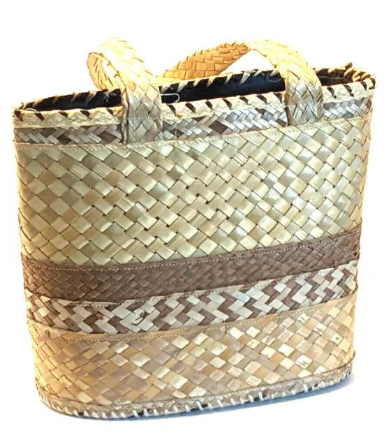 Lined Hand Woven and Brown and Tan Straw Bahamian Flat-Bottom Tote w/Straps