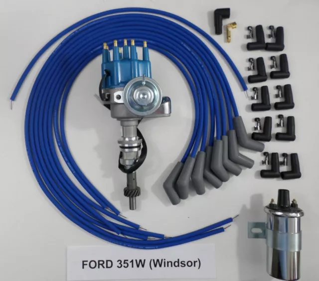 FORD 351W BLUE Small Cap HEI Distributor +45K Coil +UNIVERSAL SPARK PLUG WIRE 45