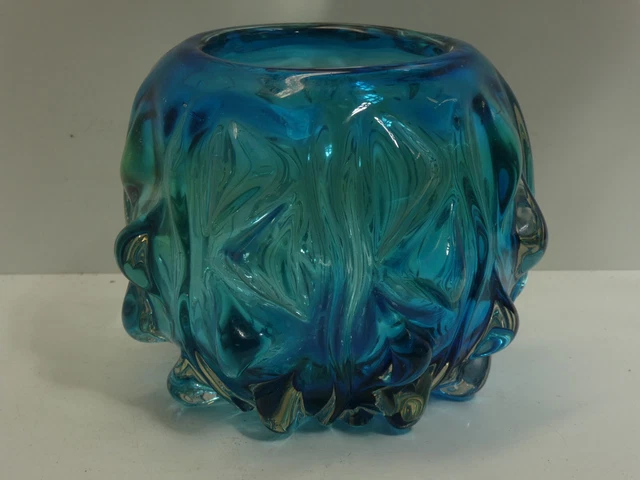Vintage Blue Studio Cased Art Glass Bowl Vase