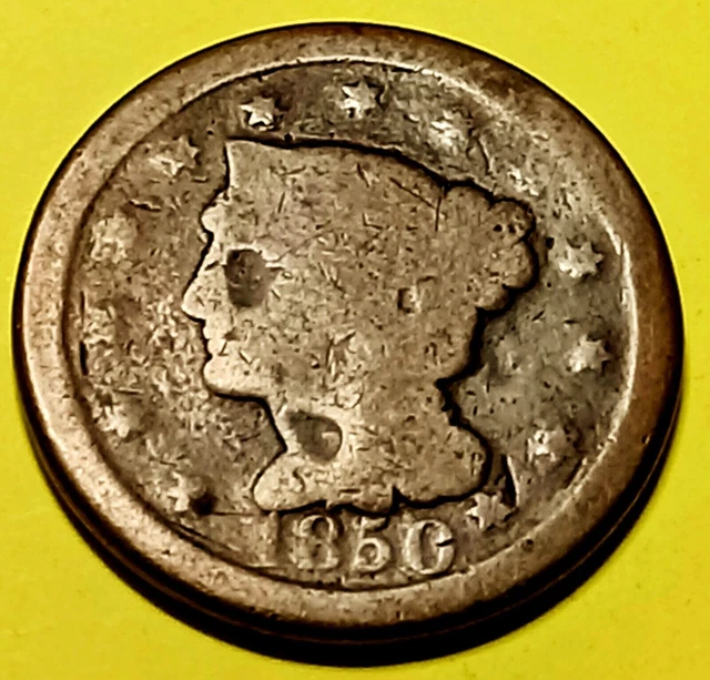 🔷 1850 BRAIDED HAIR LARGE CENT  1c, Obsolete U.S. TYPE Coin