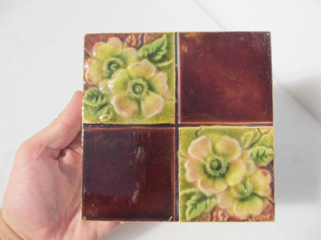 Antique Ceramic Tile Architectural Vintage Floral Flower Leaf Art Nouveau