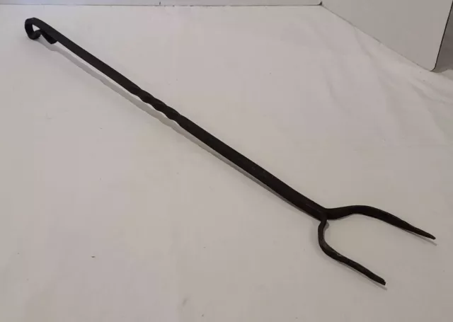 Vintage Antique Primitive Iron Hand Forged 2 Prong Hearth Fork Twist Handle 27"