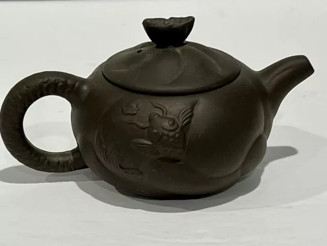 Vintage Rare Original 20th Century Yixing Zisha Chinese Dragon Koi Teapot Signed