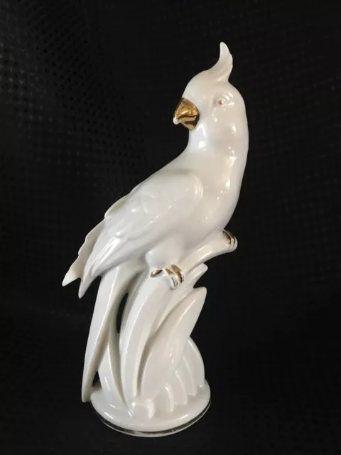 Vintage 7 3/8” White Glazed Porcelain Gold Cockatoo Parrot Germany