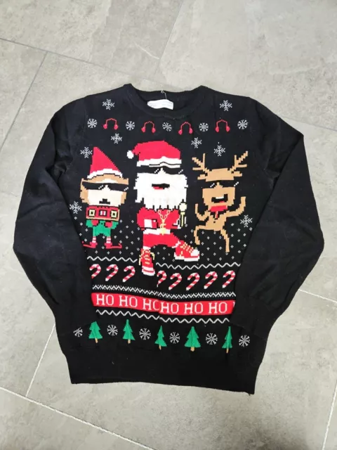 Black Christmas Jumper. Santa Claus, Reindeer,  Elf. Ho Ho Ho. 9-10 Years.