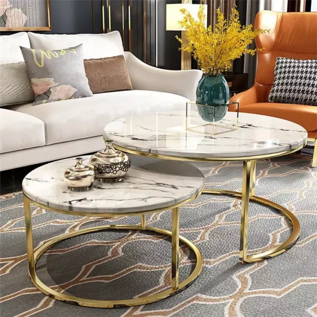 Redondo Mesita Baja Set Oro Blanco Gris Mármol Mesa de Salón 2 Unidad Moderno