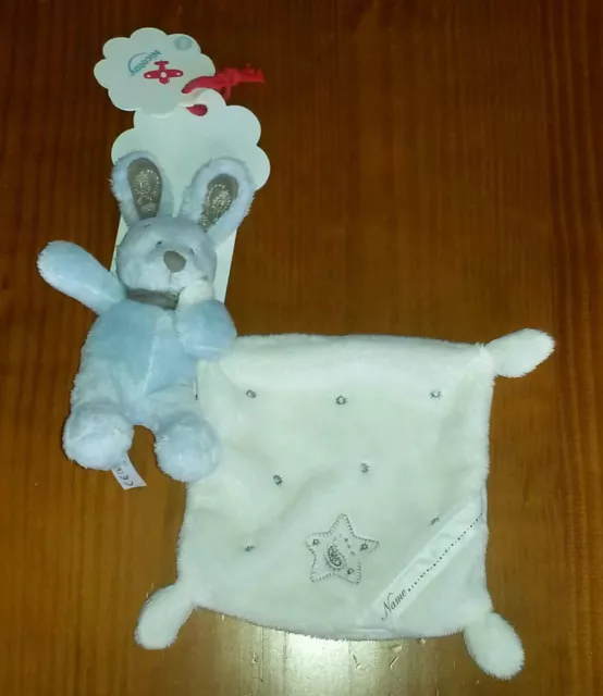 Neuf Peluche Doudou Lapin Bleu Brodé Bandana Mouchoir Blanc Étoile Nicotoy Name