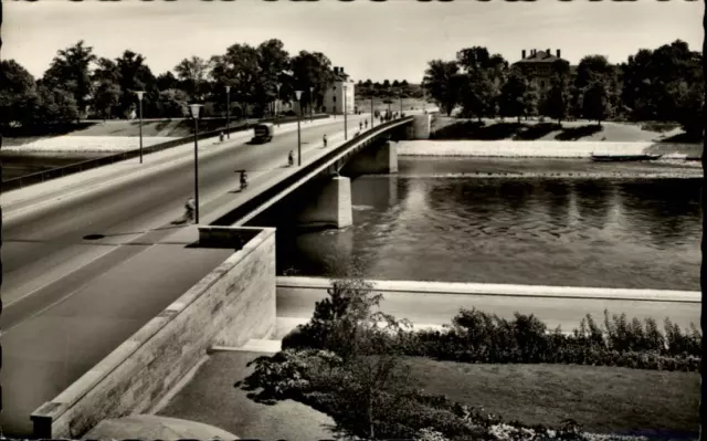 Ingolstadt an der Donau Postkarte ~1950/60 Blick auf die Donaubrücke Lastwagen