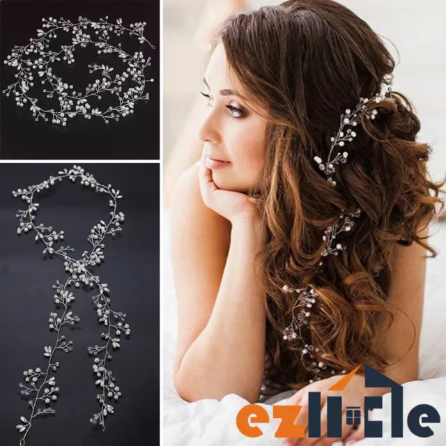 100cm Women Vine Crystal Pearl Wedding Headdress Chain Headpiece Hair Bridal