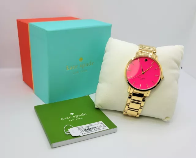 Kate Spade Gramercy Women's Gold Tone Stainless Steel Watch Neon Pink Face