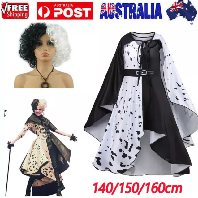 Kids Girls Cruella de Vil Cosplay Costume Dress Cloak Wig Outfit Fancy Dress Up