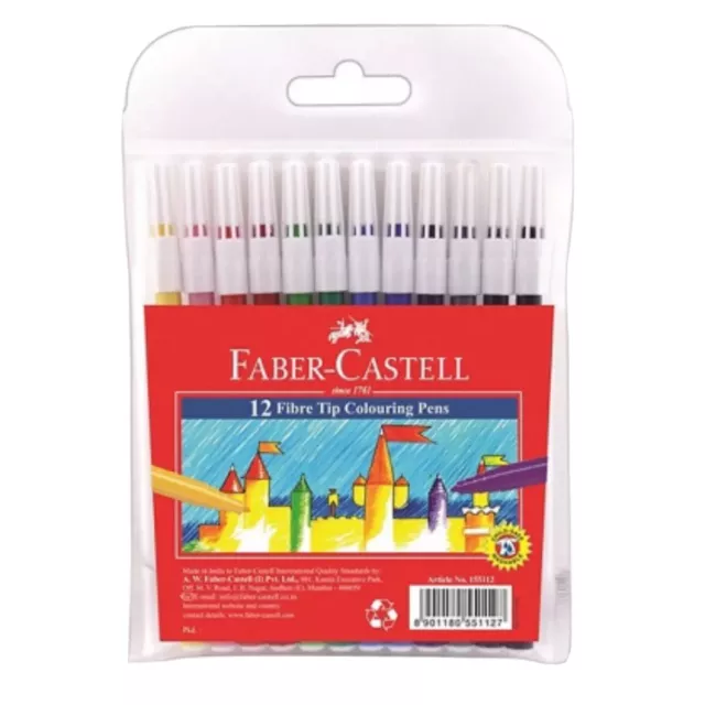 Faber-Castell Fibre Tip Colouring Pens 12 Pack ~ Texters Felt Tip Pens ~ School