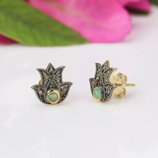 925 Sterling Silver Natural Diamond And Emerald Gem Stud Lovely Gift For Her