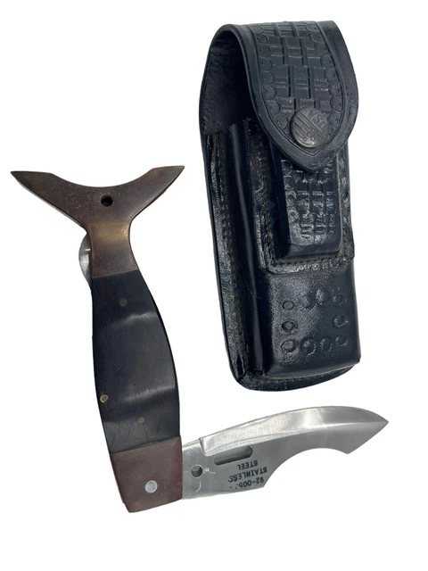 Fish Tail Buck Knife Brass Wood 4" Blade & Case Hunting Fishing Stainless