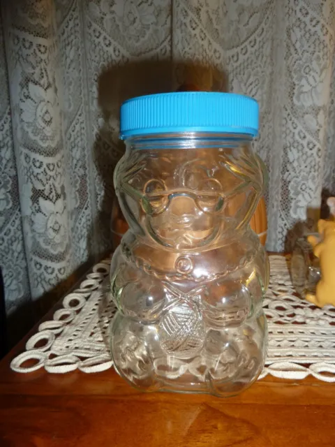 Collectable Vintage Kraft Grandma Bear Knitting Peanut Butter Jar Glass blue Lid