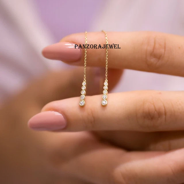 Round Cut Moissanite Yellow Gold Plated Long Dangle Chain Earrings Gift For Her