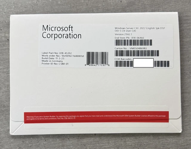 MS WINDOWS SERVER 2022 5er User OEM/SB CAL für 5 Benutzer (R18-06466 ...