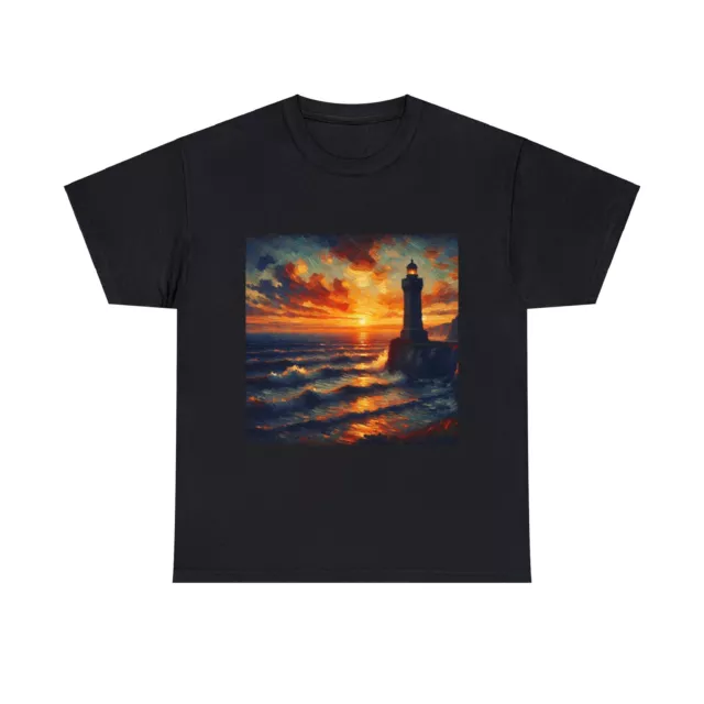 Unisex Adult T Shirt Sunset Seascape Lighthouse Cliff Ocean Waves Art Landscape