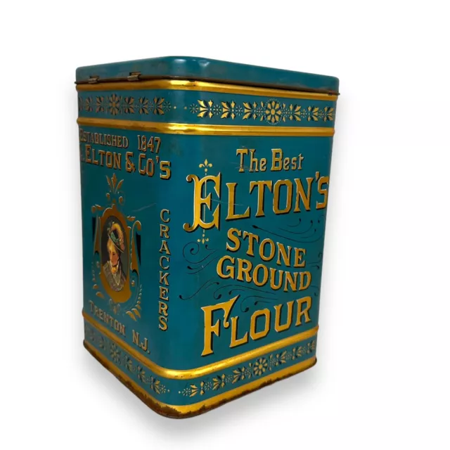 The Best Eltons Stone Ground Flour Tin 8.5" Tall Vintage Replica Blue Farmhouse