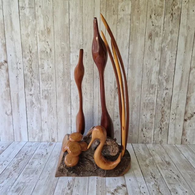 Vintage Mid-century MCM Wooden Sculpture Hand Carved Heron / Crane & Mushrooms