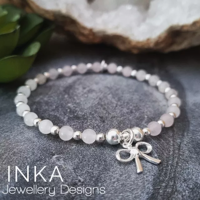 Inka 925 Sterling Silver & Rose Quartz Stacking Bracelet with a Bow Charm