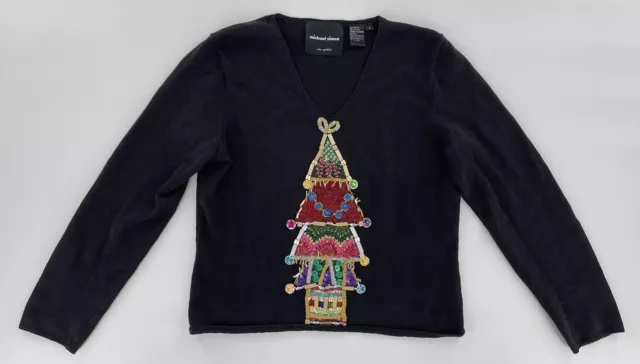 Michael Simon 2001 Vintage Y2K Beaded Christmas Tree Sweater ~ Women’s Small