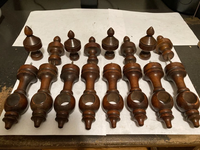 4 Old Sets Arts Craft Victorian Turned Wood Drapery Curtain Rod Brackets Finials