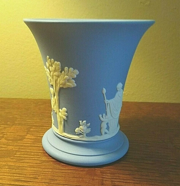 VINTAGE WEDGWOOD BLUE Jasperware Trumpet Vase Greek Goddess Cherubs