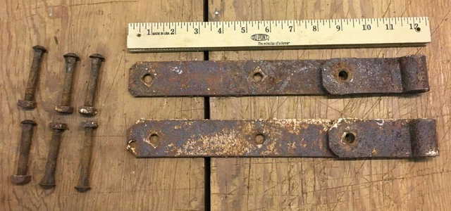 2 Vintage 12'' Farm Barn Door Gate Strap Hinges Great Old Patina W/ Nuts & Bolts