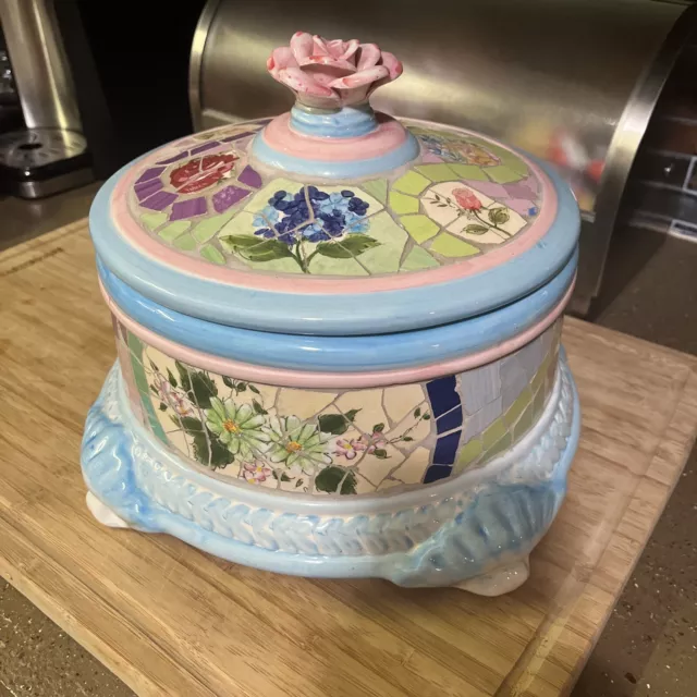 Chinese mosaic  Round Lidded Footed Decorative Container Pastel Floral Tiled