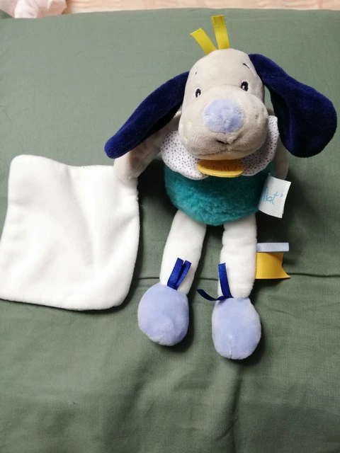 Doudou chien avec mouchoir BABY NAT / BABYNAT PEPIN bleu TBE