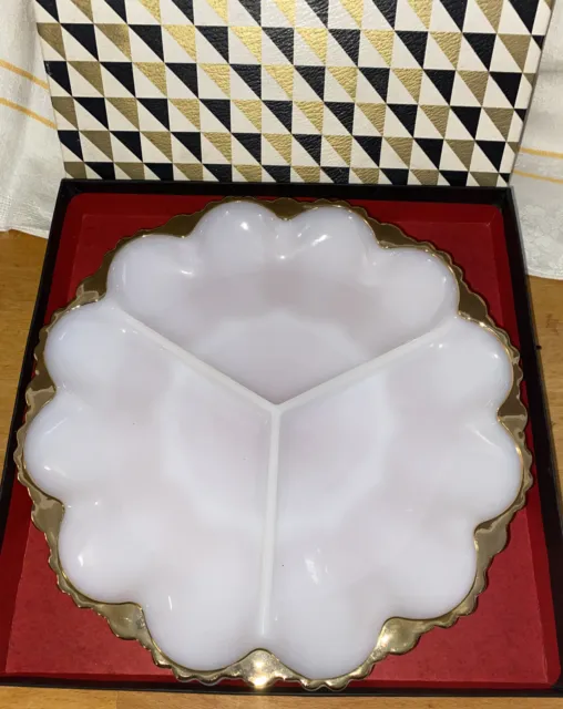 Vintage Anchor Hocking Fire King Gold Rim Milk Glass Dish Boxed W898-G/13-S11