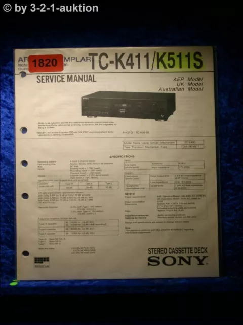 Sony Manual de Servicio TC K411/K511S Cassette Tapa (#1820)