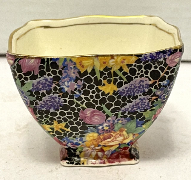 Vintage Royal Winton Hazel Floral Chintz Black Background Open Sugar