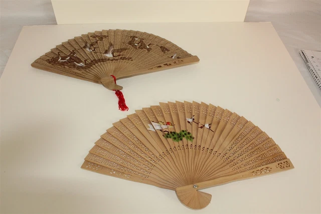 Lot of 2 Asian Hand Painted Wood Hand Fans