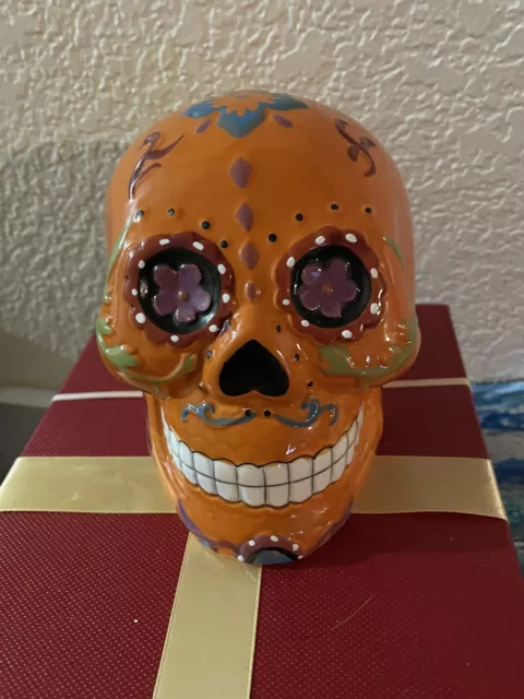 Sugar Skull Ceramic Figurine Paperweight Orange With Flowers Day Of The Dead