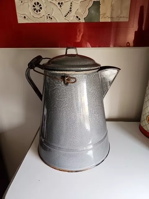 Antique 1900's GraniteWare Large 2 Gal. Camp Coffee Pot Double Handles Wood