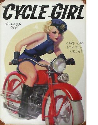 TIN SIGN "Cycle Girl Beauty" Pinup Motorcycle Babe Garage Wall Decor Art Gift