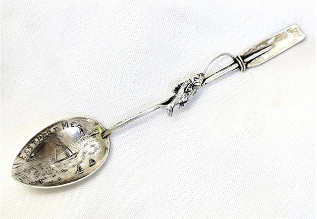 Eastport Maine ME Sterling Silver Souvenir Spoon Oar Fish on Line Figural