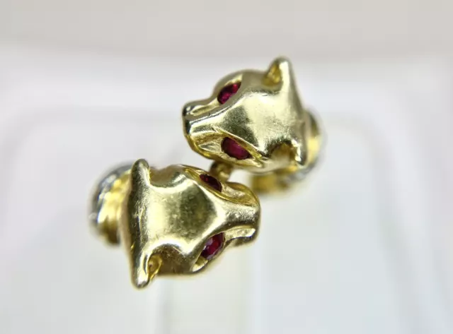 Vintage 14k Yellow Gold Natural Round Red Ruby Diamond Panther Head Ring