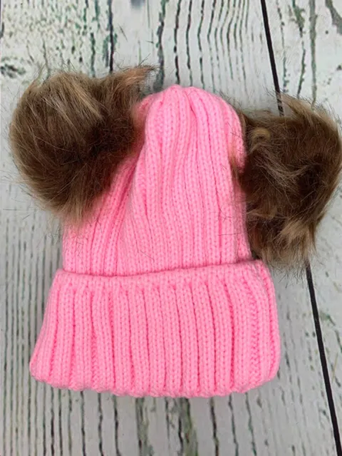 Warm Kids Boys Girls Winter Hat with Pompom Ears Elastic Knitted Pink