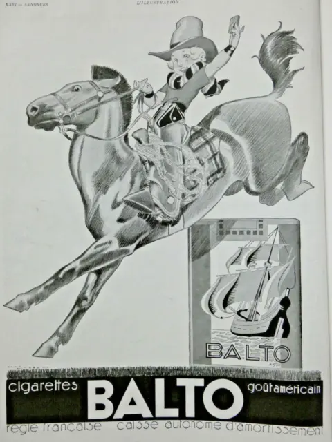 Publicité 1932 Balto Cigarettes Goût Américain - Cavalier - René Vincent - Tabac