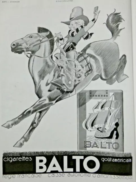 Publicité 1932 Balto Cigarettes Goût Américain - Cavalier - René Vincent - Tabac