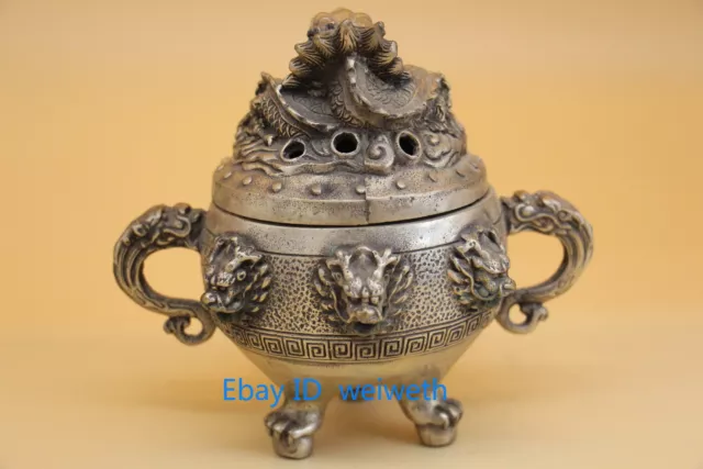 Collection Old Chinese Tibetan Silver Hand Carved Dragon Incense Burner 21256
