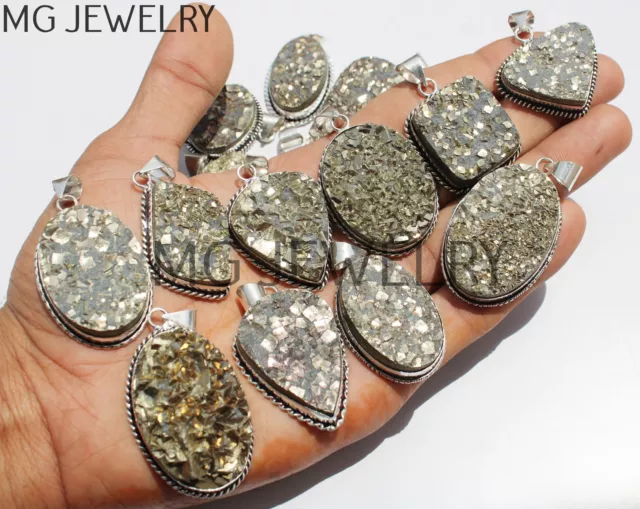 5 Pièces Lot Naturel Pyrite Druse Gemme 925 Plaqué Argent Pendentif MFB199