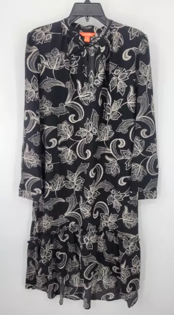 Joe Fresh Dress Womens Large Black Ivory Paisley Long Sleeve Flowy Tie Neck Boho