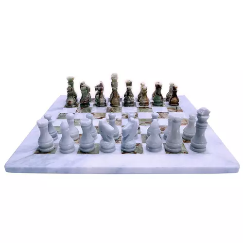 Scacchiera da Tavolo con Scacchi Marmo Bianco Onice Verde Italian Chess Set 30cm
