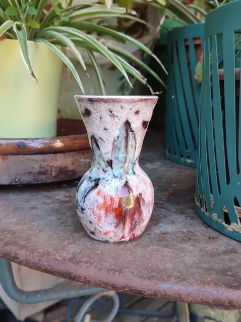 Ancien Petit Vase Céramique Vernissée Signé La Roue Vallauris 11 Cm