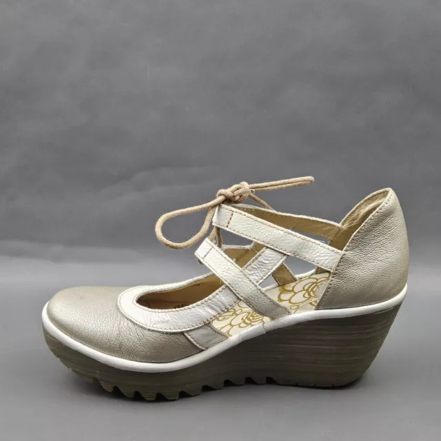 Fly London Yett Womens Platform Wedge Sandals 7.5 White Silver Lace Up Heels 3