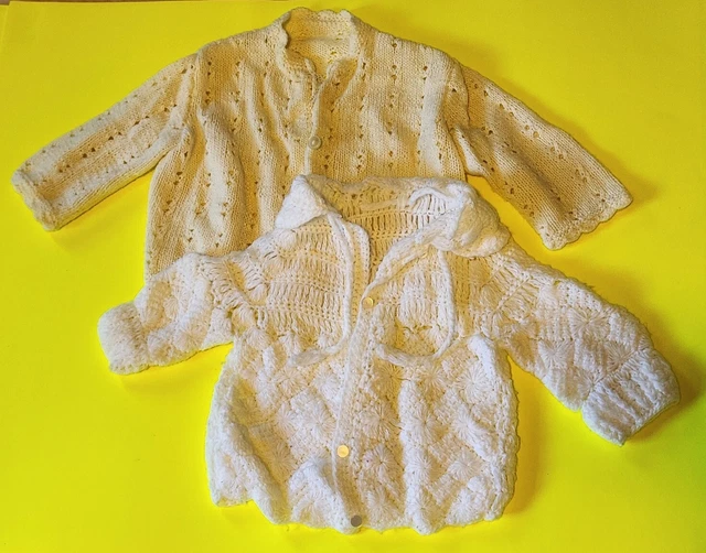 2 Vintage Cream Beige Crochet Knit Baby Sweaters